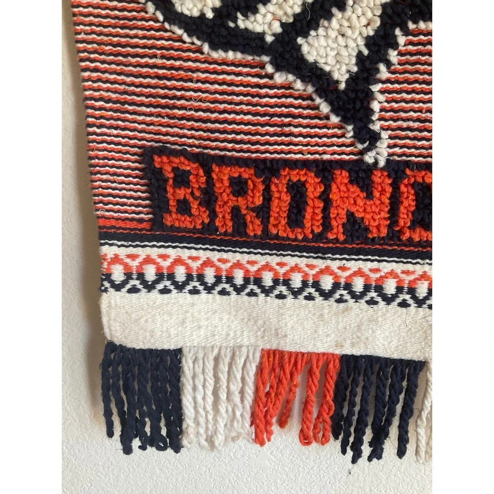 Vintage Denver Broncos Woven Wall Hanging Textile Art Orange Blue Fringe NFL